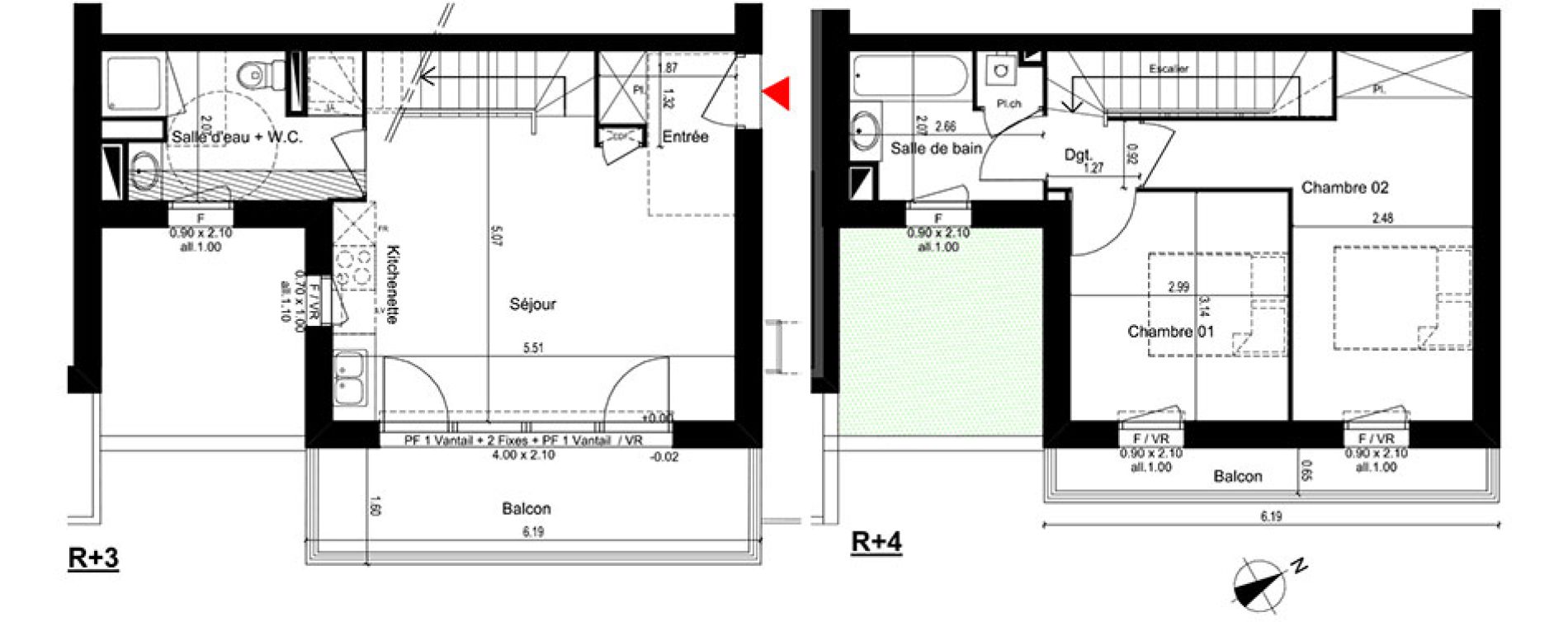 Duplex T3 de 60,81 m2 &agrave; M&eacute;rignac Capeyron