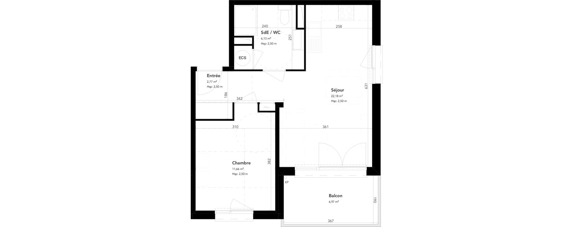 Appartement T2 de 42,74 m2 &agrave; M&eacute;rignac Bourran
