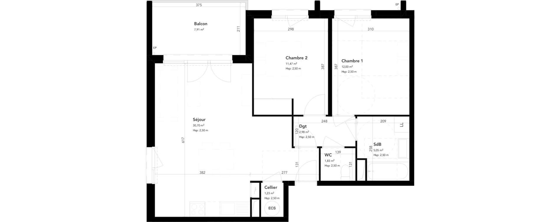 Appartement T3 de 65,26 m2 &agrave; M&eacute;rignac Bourran