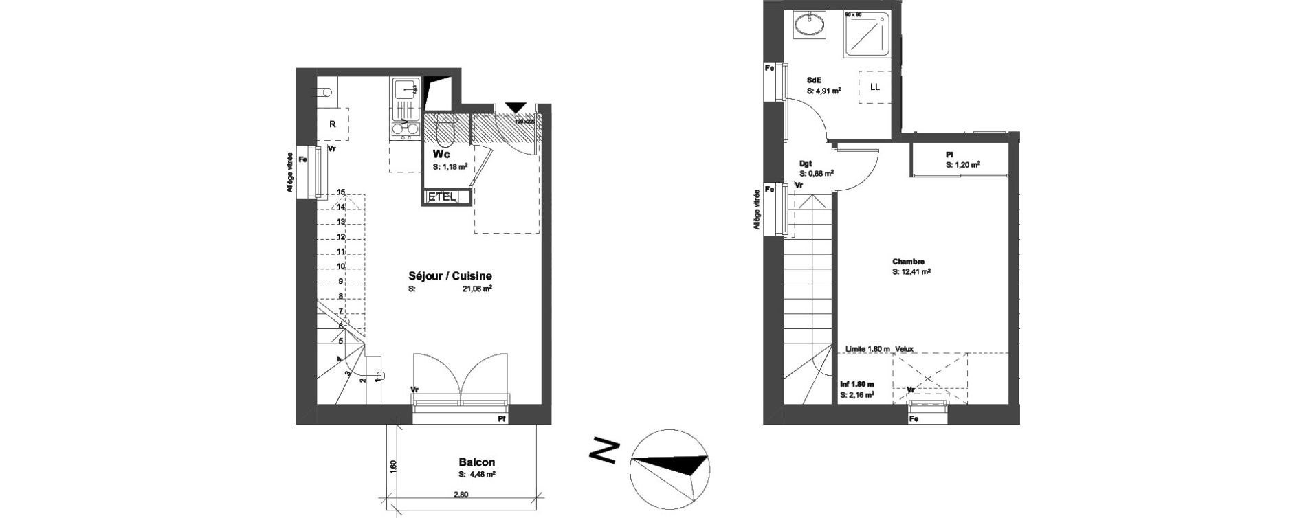 Duplex T2 de 41,75 m2 &agrave; Montussan Centre