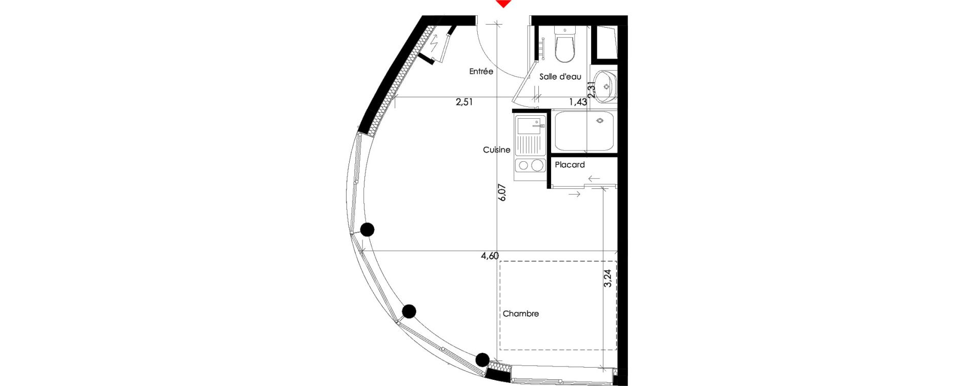 Studio meubl&eacute; de 24,10 m2 &agrave; Pessac L'alouette