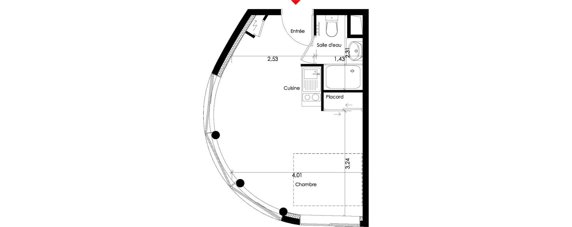 Studio meubl&eacute; de 24,10 m2 &agrave; Pessac L'alouette