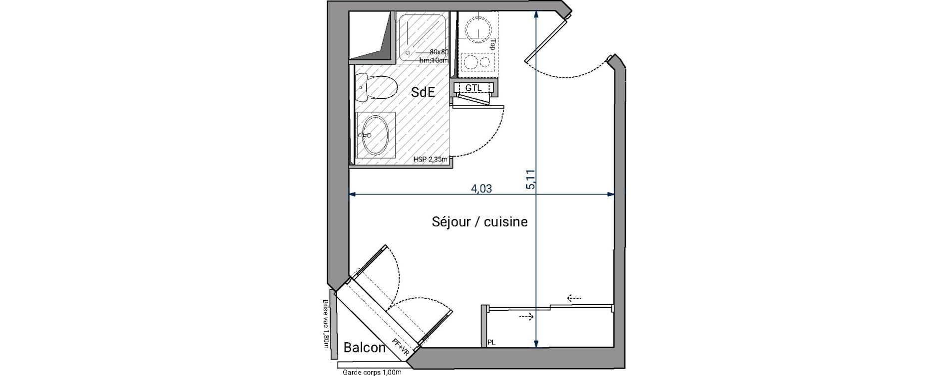 Appartement T1 de 18,39 m2 &agrave; Pessac No&egrave;s
