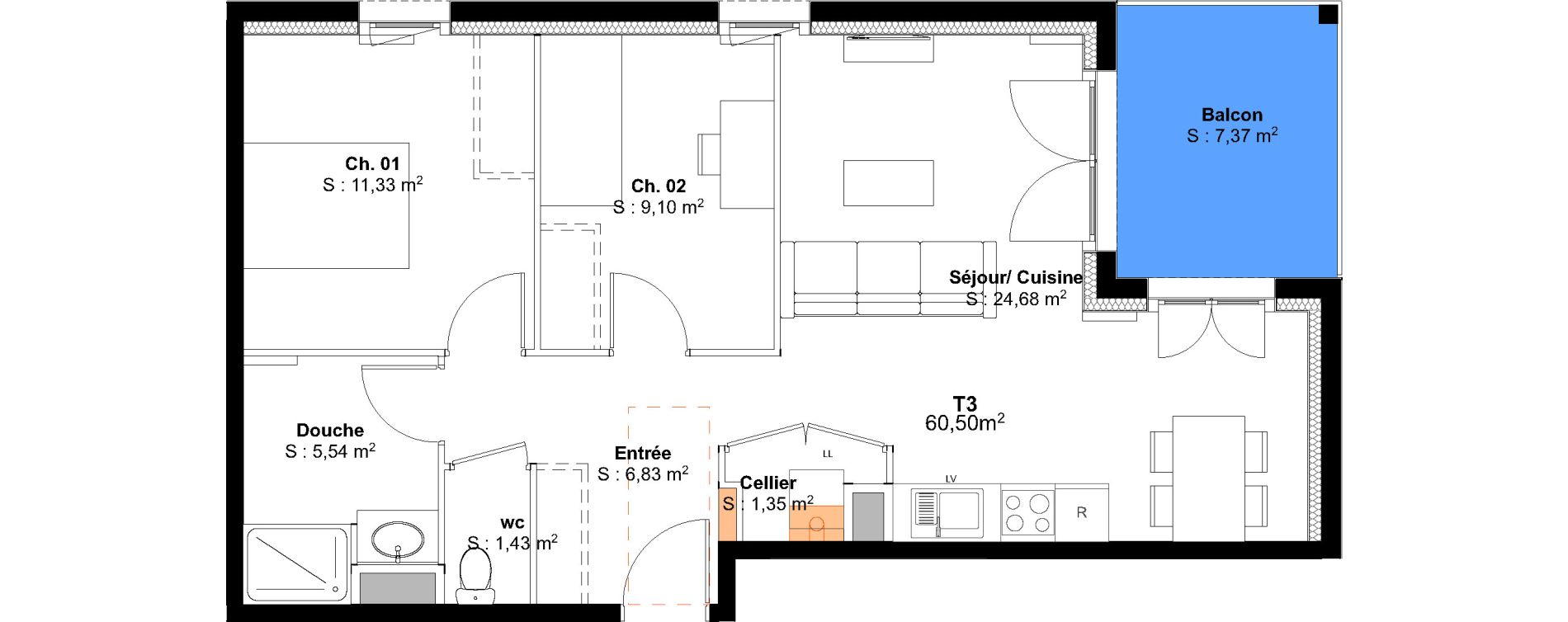 Appartement T3 de 60,50 m2 &agrave; Saint-Pierre-Du-Mont Centre