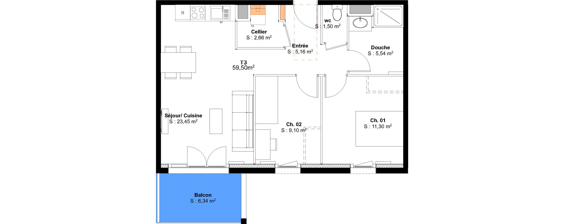 Appartement T3 de 59,50 m2 &agrave; Saint-Pierre-Du-Mont Centre