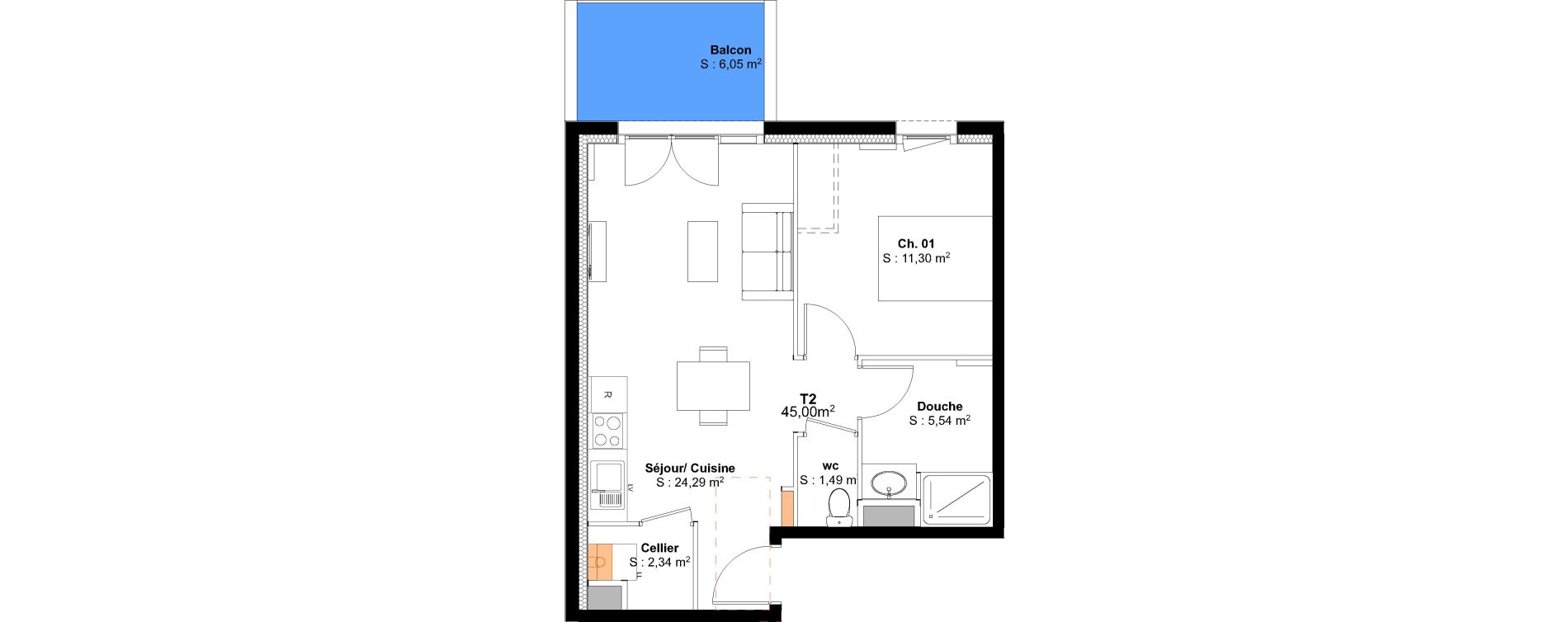 Appartement T2 de 45,00 m2 &agrave; Saint-Pierre-Du-Mont Centre