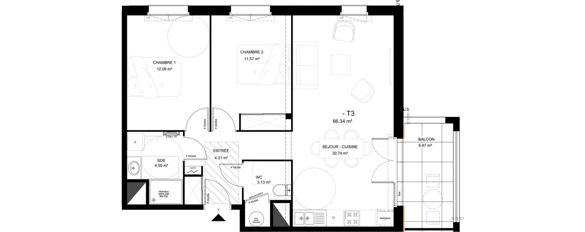 Appartement T3 de 66,34 m2 &agrave; Saint-Vincent-De-Tyrosse Centre