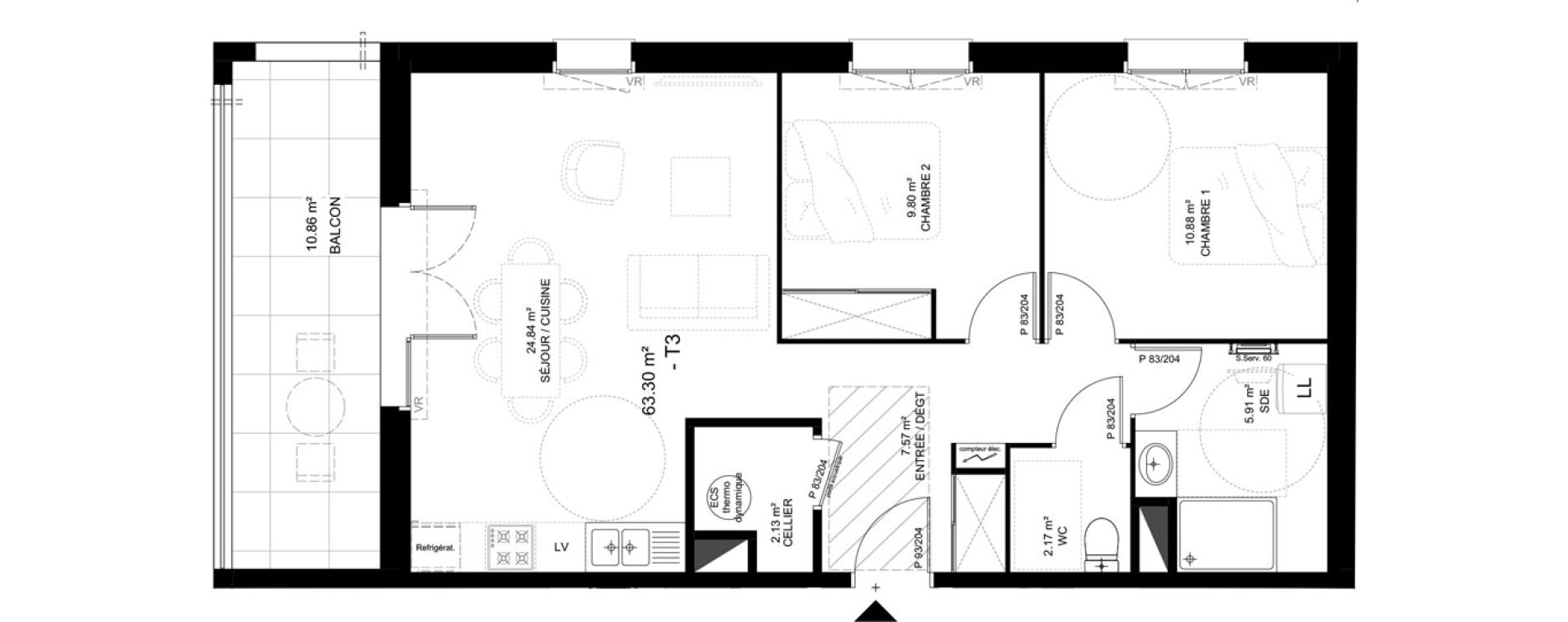 Appartement T3 de 63,30 m2 &agrave; Saint-Vincent-De-Tyrosse Centre