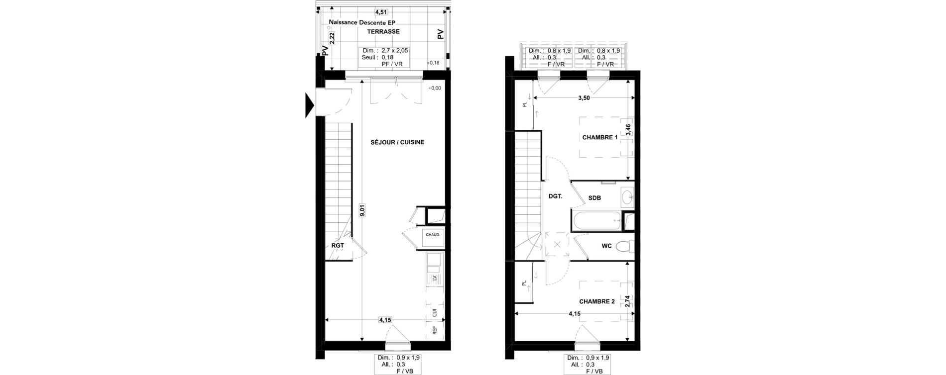 Duplex T3 de 65,70 m2 &agrave; Soustons Centre