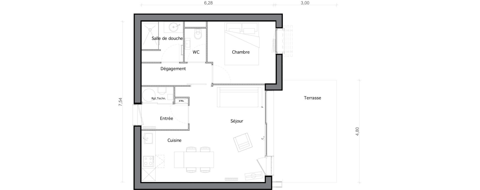 Appartement T2 de 43,65 m2 &agrave; Pind&egrave;res Centre