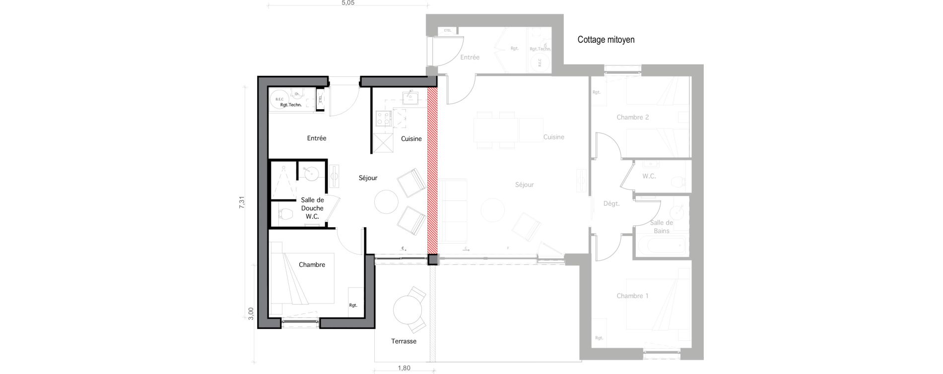 Appartement T2 de 32,54 m2 &agrave; Pind&egrave;res Centre