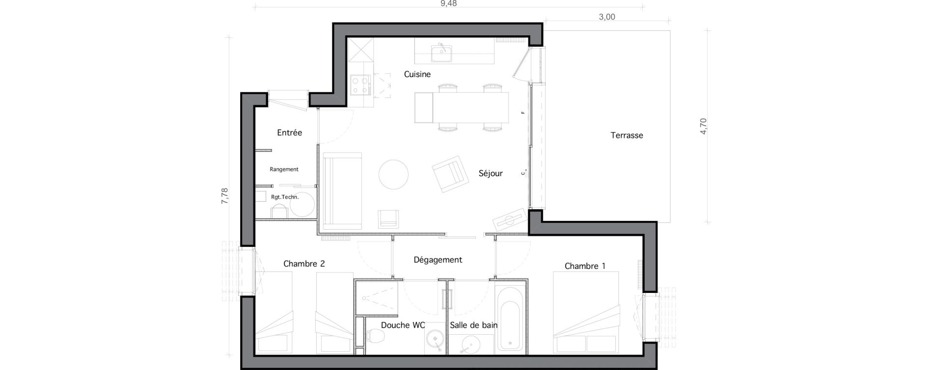 Appartement T3 de 55,13 m2 &agrave; Pind&egrave;res Centre