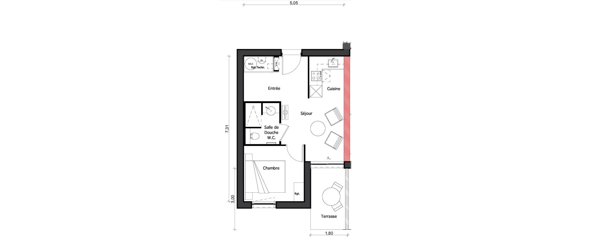 Appartement T2 de 32,54 m2 &agrave; Pind&egrave;res Centre
