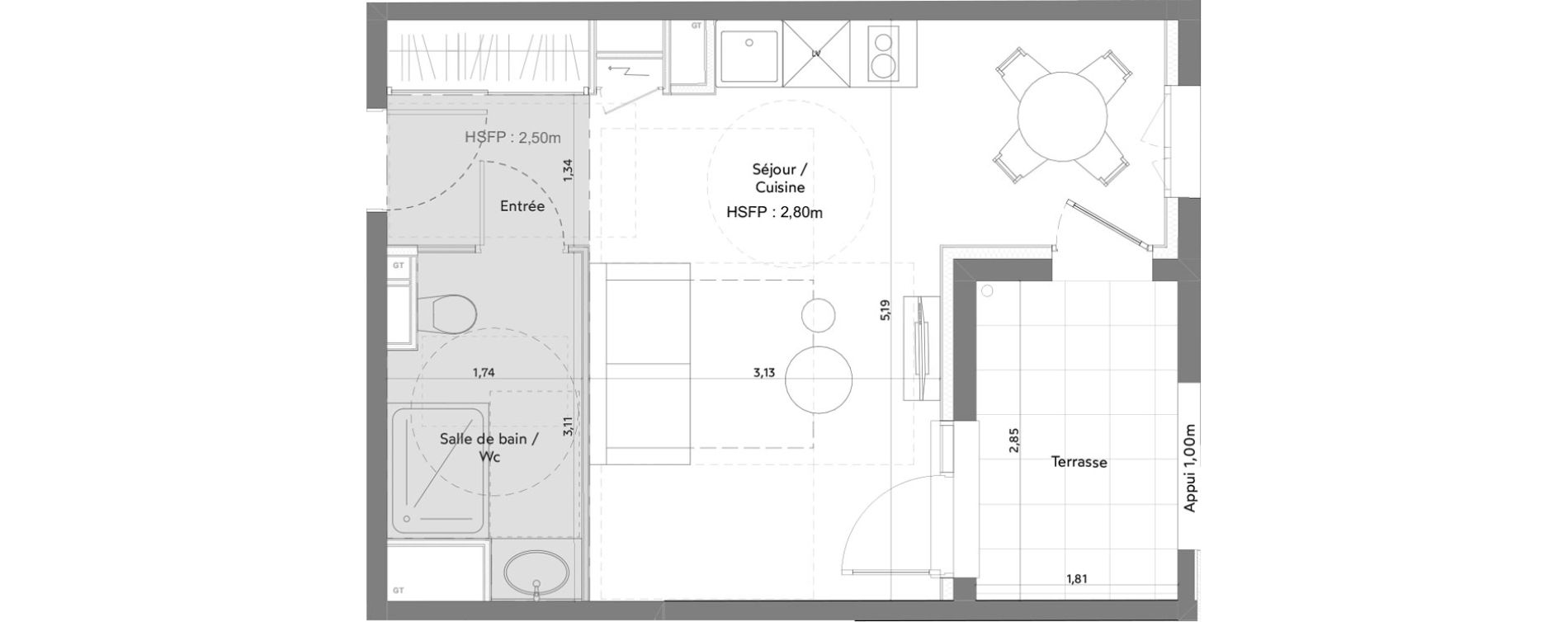 Appartement T1 meubl&eacute; de 28,17 m2 &agrave; Anglet La butte aux cailles