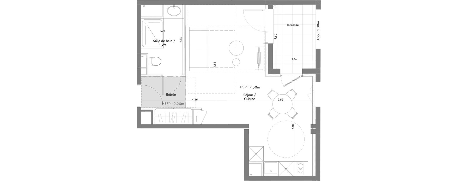 Appartement T1 meubl&eacute; de 31,50 m2 &agrave; Anglet La butte aux cailles