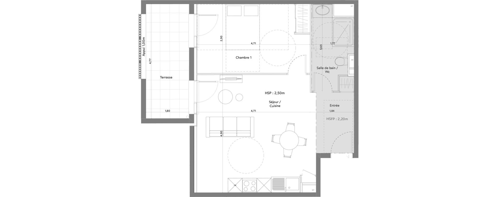 Appartement T2 meubl&eacute; de 46,90 m2 &agrave; Anglet La butte aux cailles