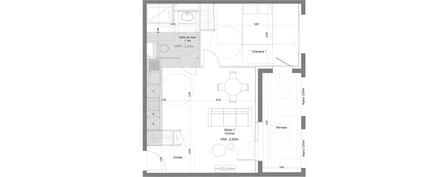 Appartement T2 meubl&eacute; de 43,30 m2 &agrave; Anglet La butte aux cailles