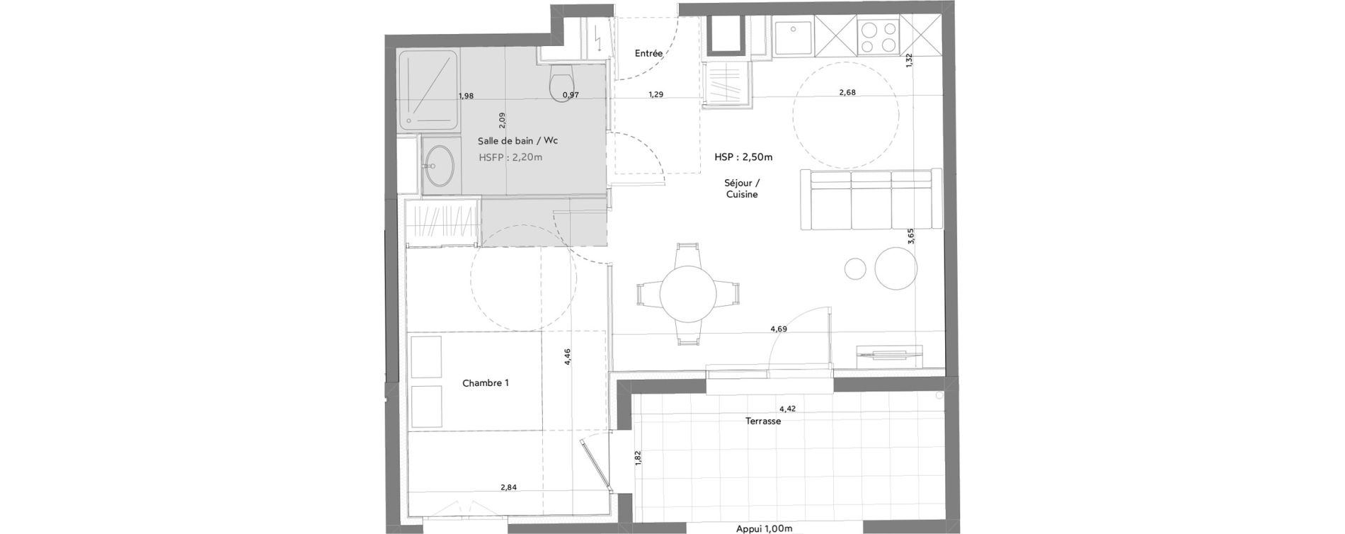 Appartement T2 meubl&eacute; de 40,88 m2 &agrave; Anglet La butte aux cailles