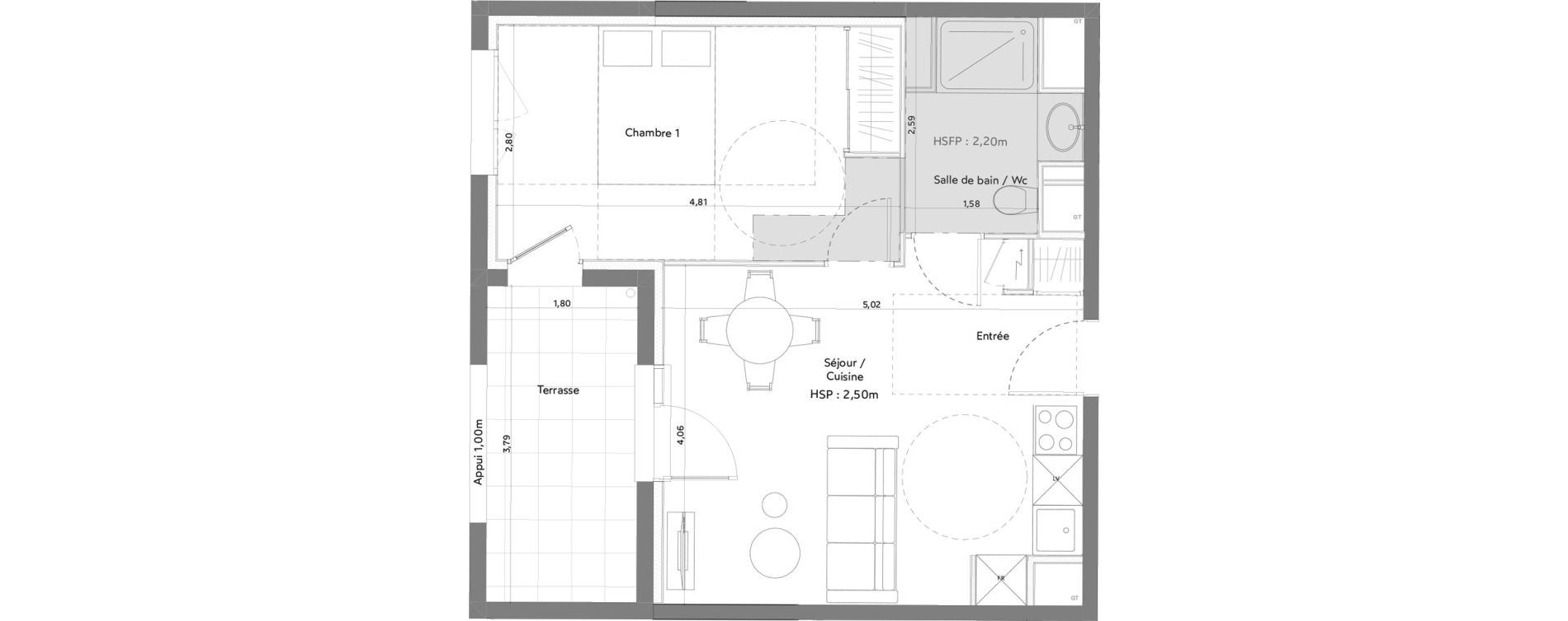 Appartement T2 meubl&eacute; de 38,08 m2 &agrave; Anglet La butte aux cailles