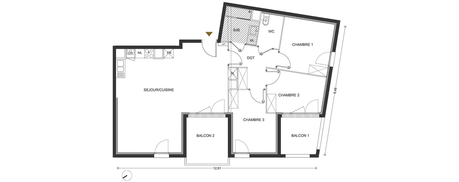 Appartement T4 de 88,00 m2 &agrave; Bill&egrave;re Centre