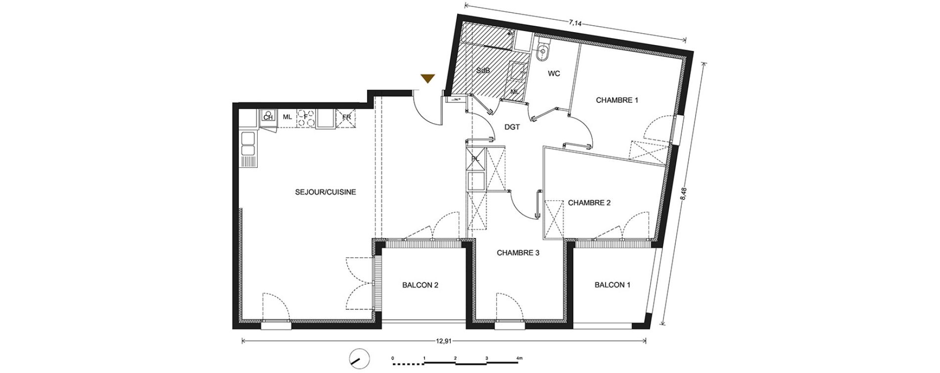 Appartement T4 de 87,90 m2 &agrave; Bill&egrave;re Centre