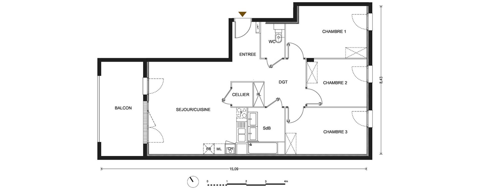 Appartement T4 de 83,40 m2 &agrave; Bill&egrave;re Centre