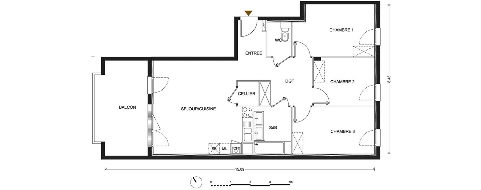 Appartement T4 de 83,40 m2 &agrave; Bill&egrave;re Centre