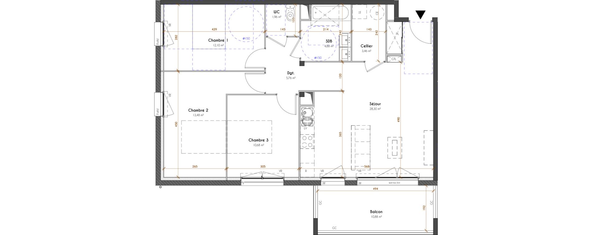 Appartement T4 de 80,62 m2 &agrave; Idron Centre