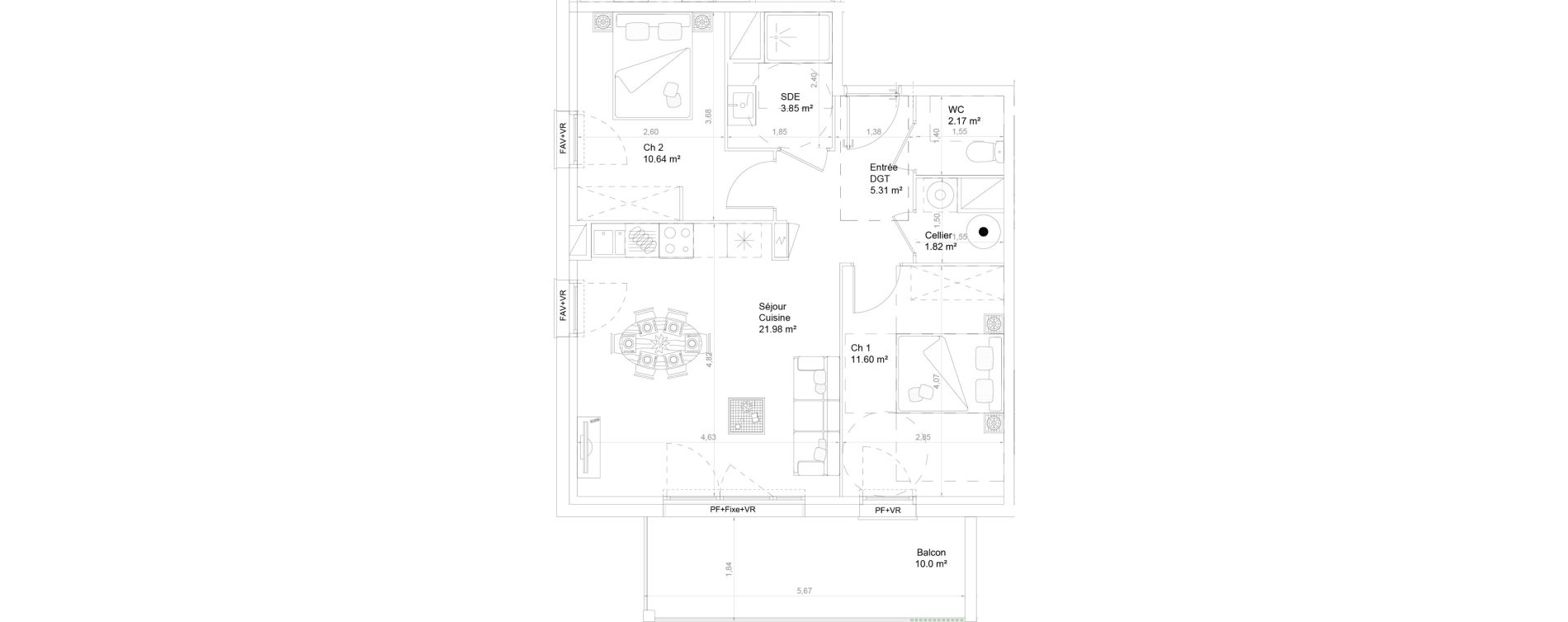Appartement T3 de 57,37 m2 &agrave; Lons Centre