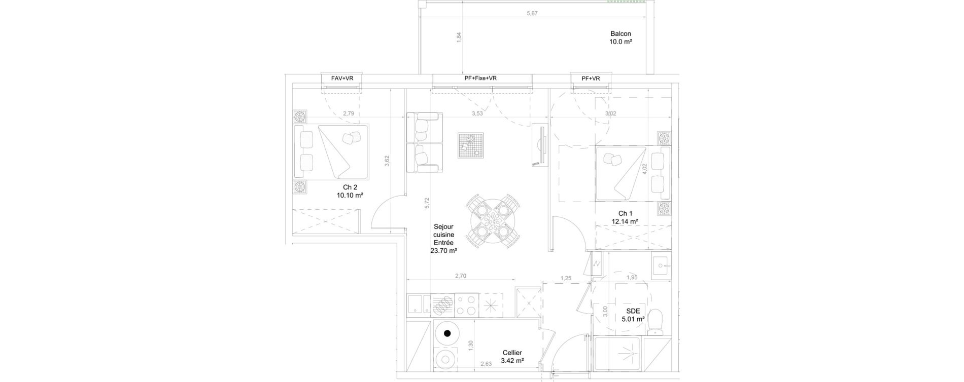 Appartement T3 de 54,37 m2 &agrave; Lons Centre