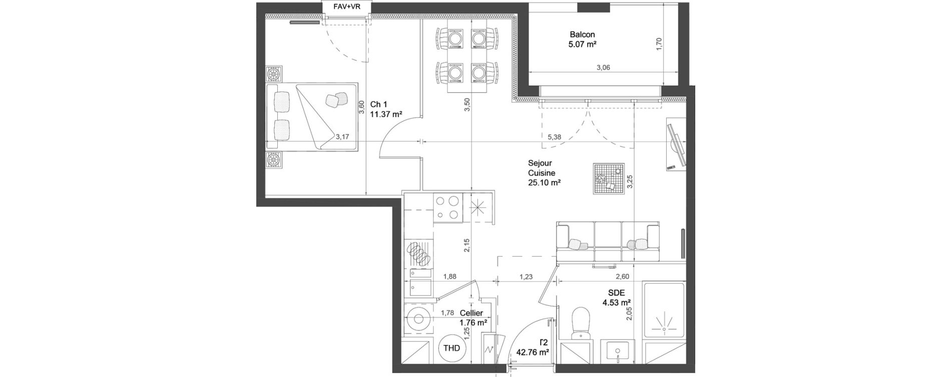 Appartement T2 de 42,76 m2 &agrave; Nay Centre