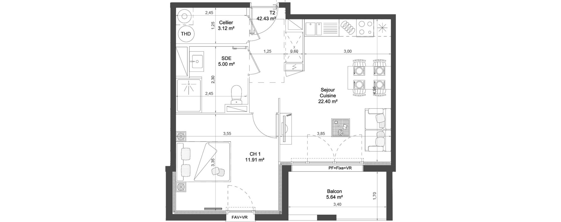 Appartement T2 de 42,43 m2 &agrave; Nay Centre