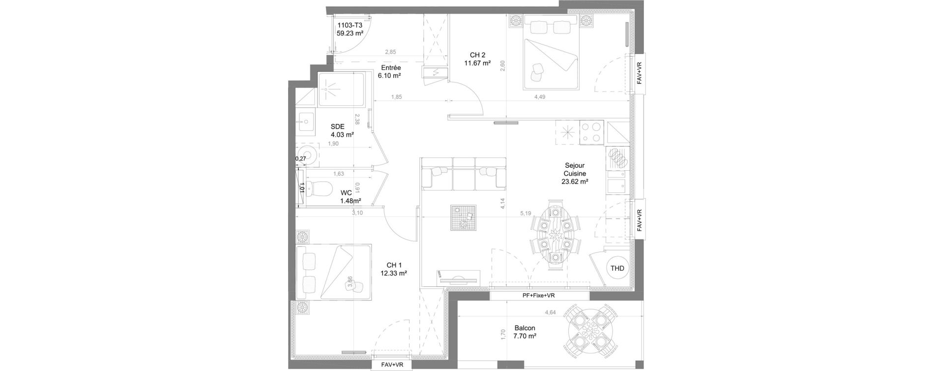Appartement T3 de 59,23 m2 &agrave; Nay Centre