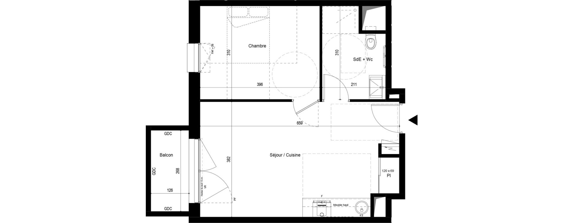 Appartement T2 meubl&eacute; de 42,12 m2 &agrave; Pau Dufau - tourasse