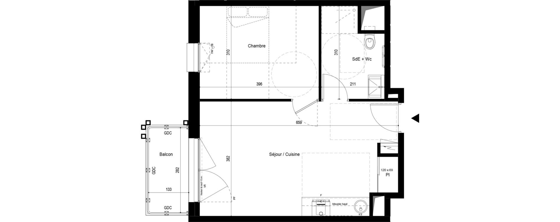 Appartement T2 meubl&eacute; de 42,12 m2 &agrave; Pau Dufau - tourasse