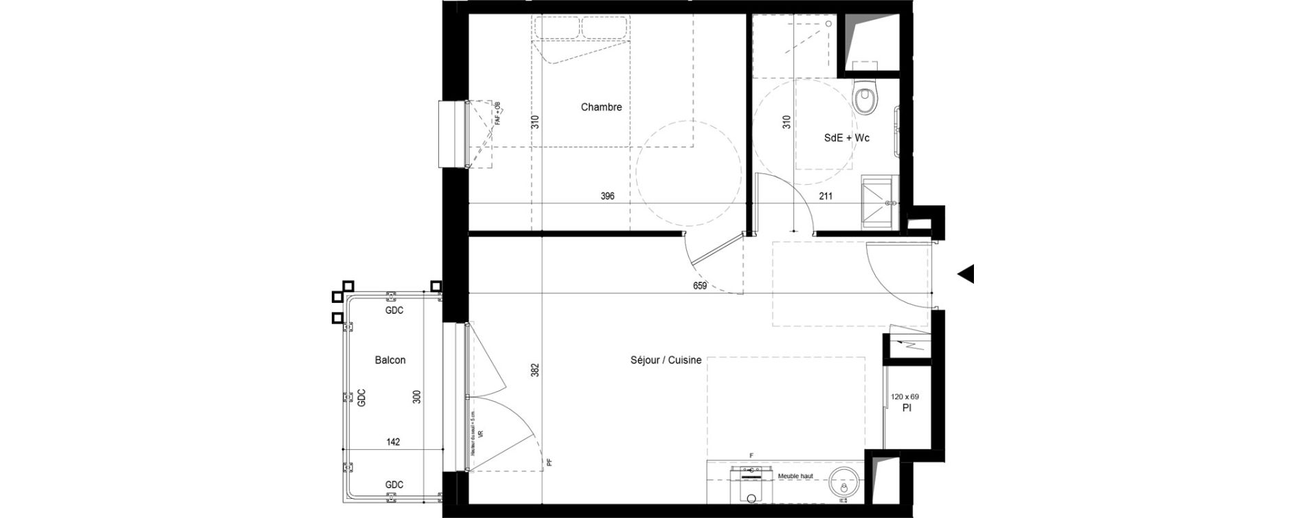 Appartement T2 meubl&eacute; de 42,12 m2 &agrave; Pau Dufau - tourasse