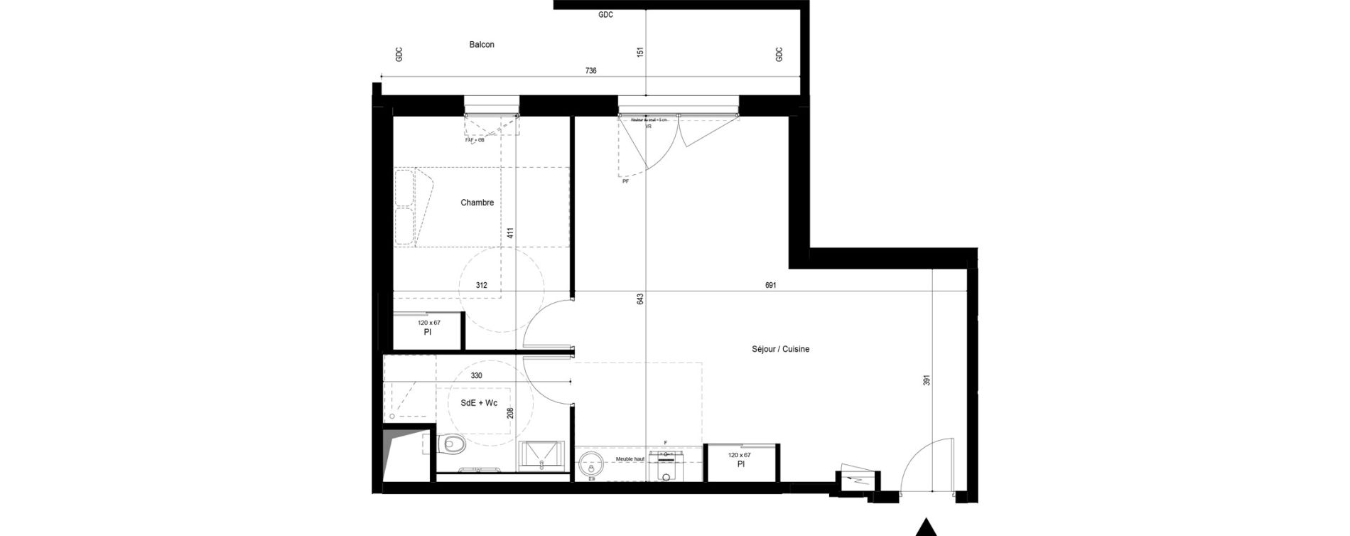 Appartement T2 meubl&eacute; de 54,84 m2 &agrave; Pau Dufau - tourasse