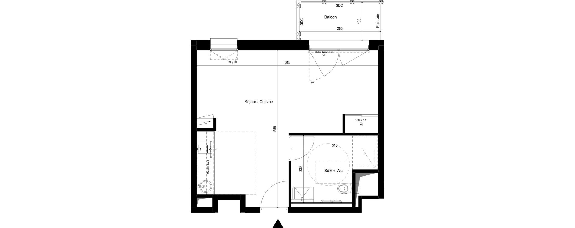 Appartement T1 meubl&eacute; de 32,88 m2 &agrave; Pau Dufau - tourasse