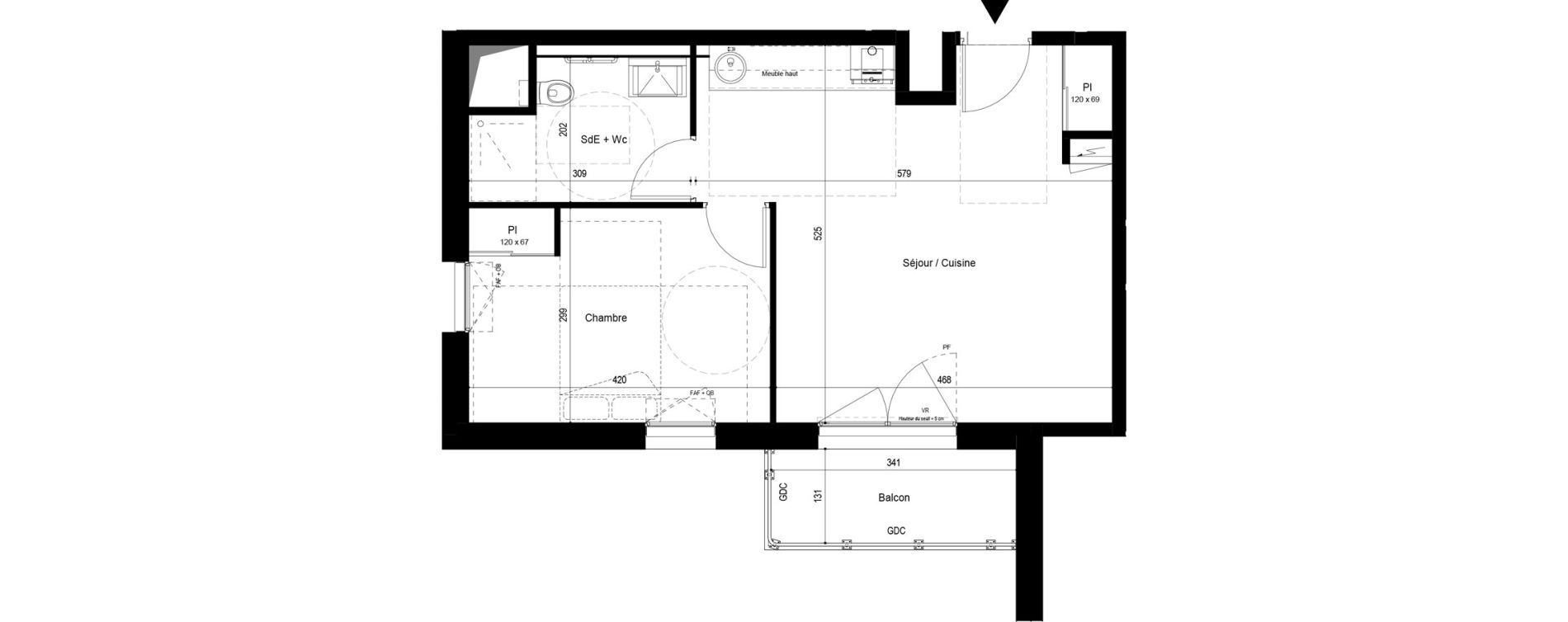 Appartement T2 meubl&eacute; de 43,95 m2 &agrave; Pau Dufau - tourasse