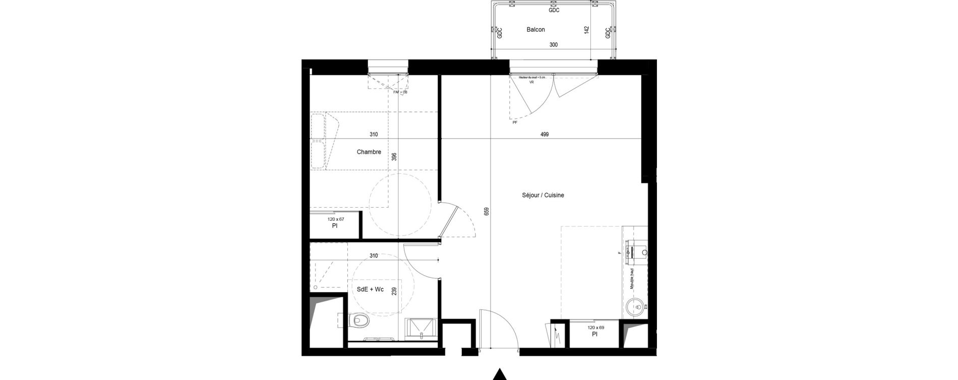 Appartement T2 meubl&eacute; de 49,62 m2 &agrave; Pau Dufau - tourasse