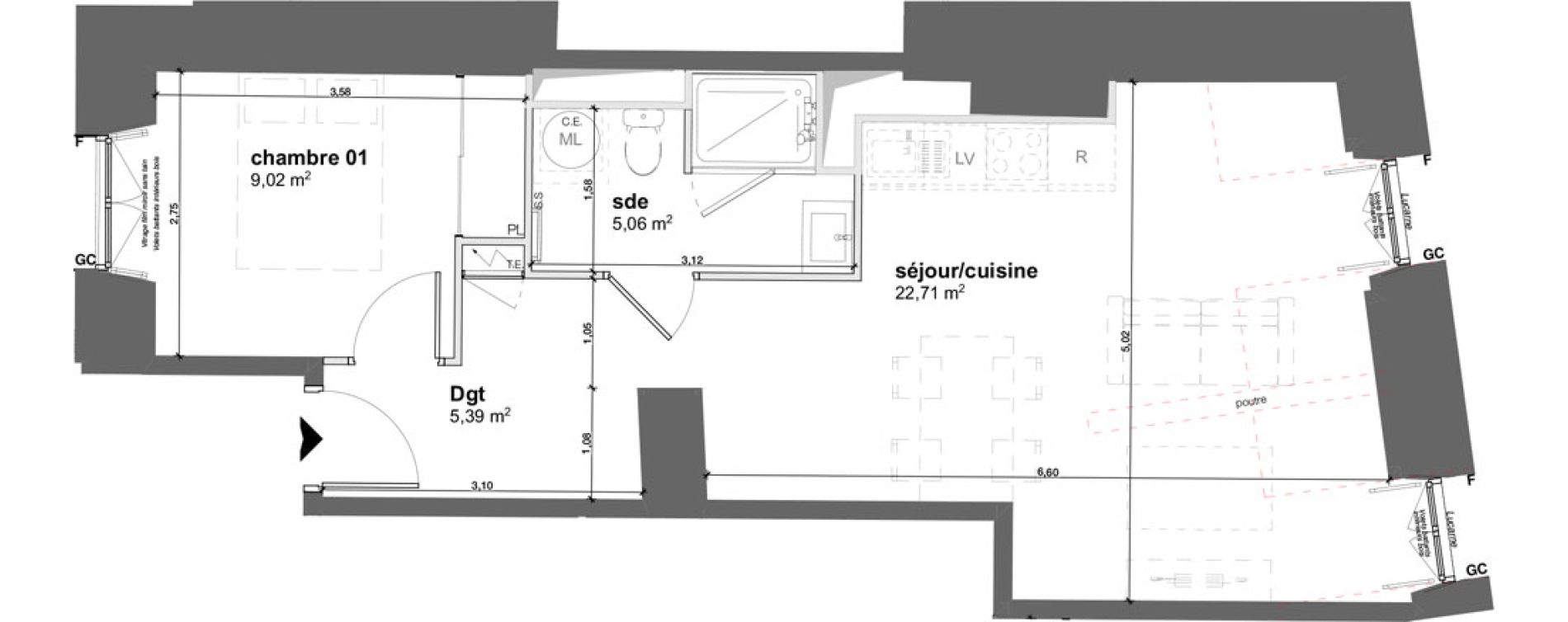 Appartement T2 de 42,18 m2 &agrave; Pau Centre ville