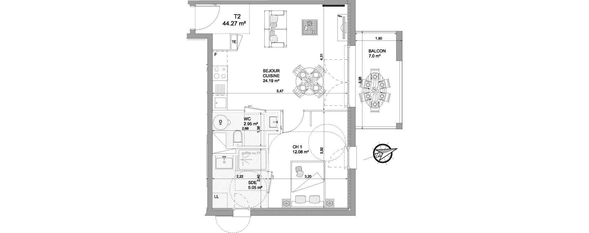 Appartement T2 de 44,27 m2 &agrave; Saint-Palais Centre