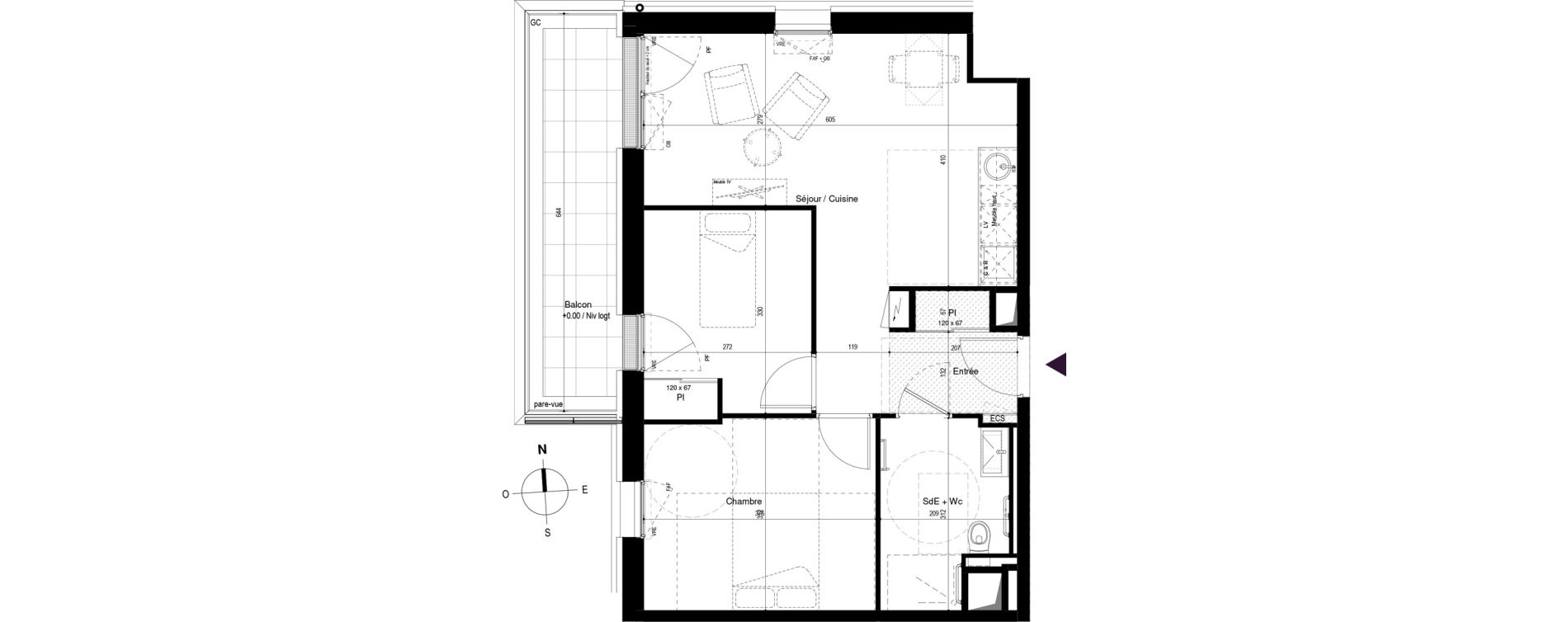 Appartement T3 meubl&eacute; de 52,99 m2 &agrave; Carcassonne Grazailles - la prade