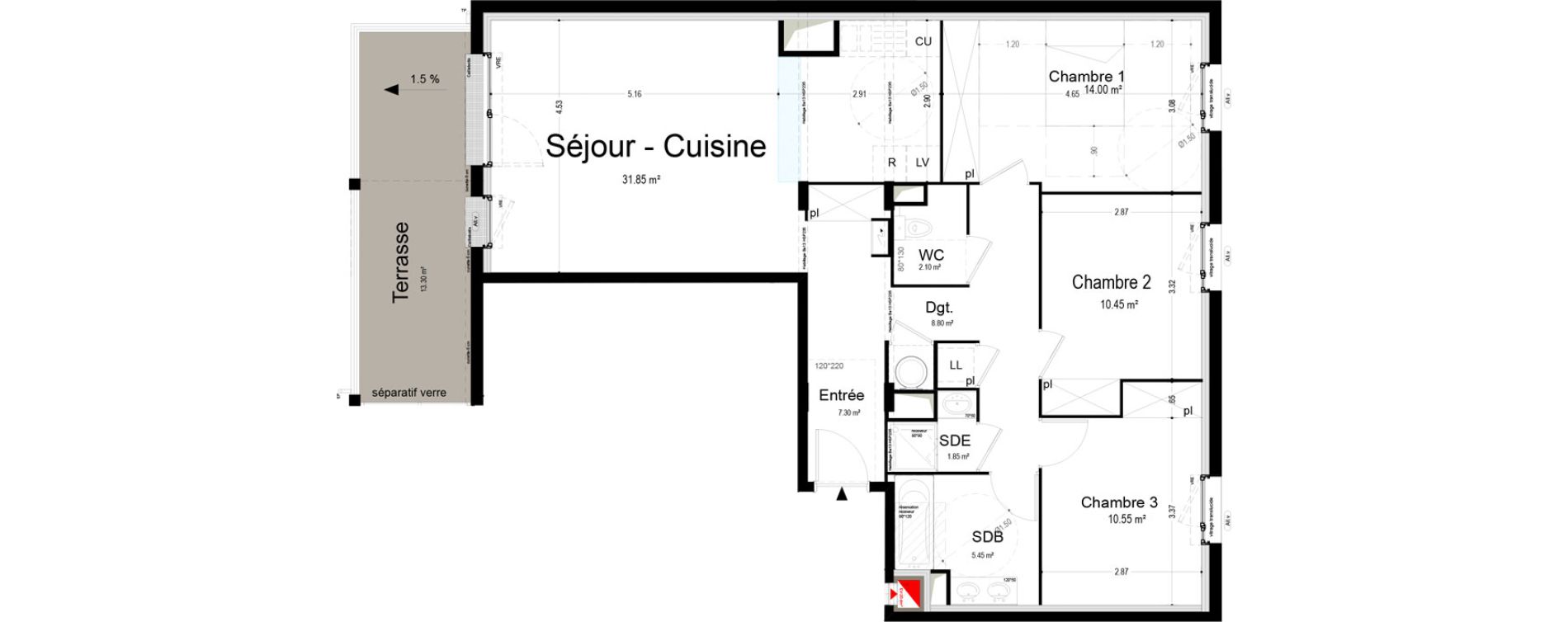 Appartement T4 de 92,35 m2 &agrave; Narbonne Pompidor