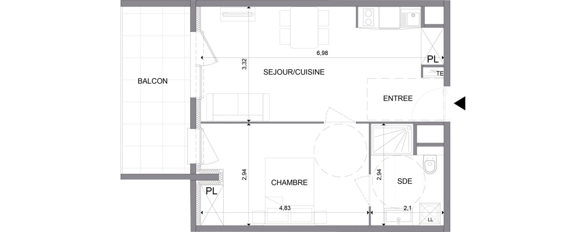 Appartement T2 meubl&eacute; de 41,95 m2 &agrave; N&icirc;mes Santa cruz