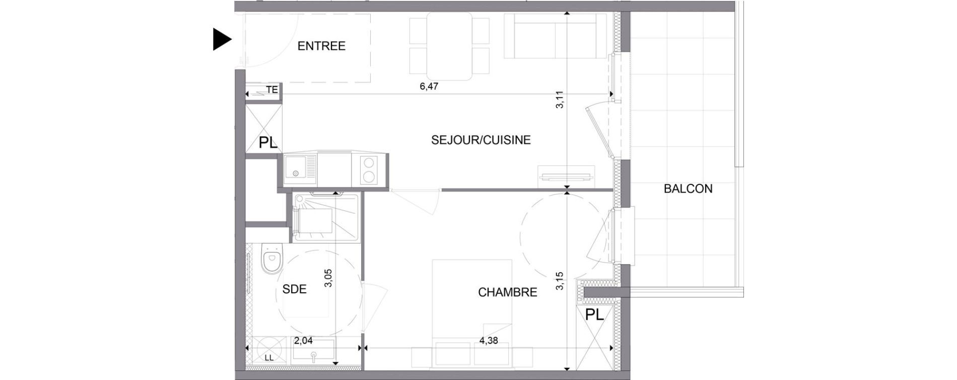 Appartement T2 meubl&eacute; de 38,59 m2 &agrave; N&icirc;mes Santa cruz
