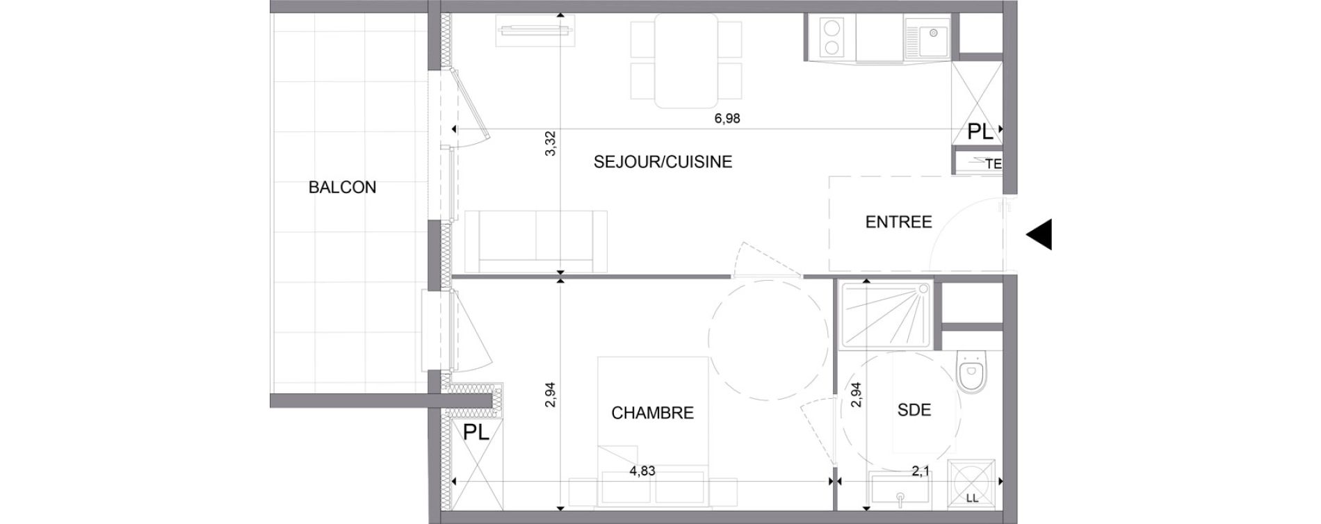 Appartement T2 meubl&eacute; de 41,95 m2 &agrave; N&icirc;mes Santa cruz