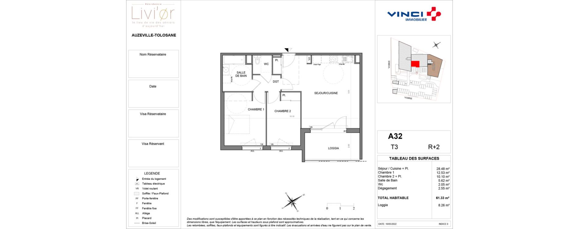 Appartement T3 de 61,33 m2 &agrave; Auzeville-Tolosane Centre