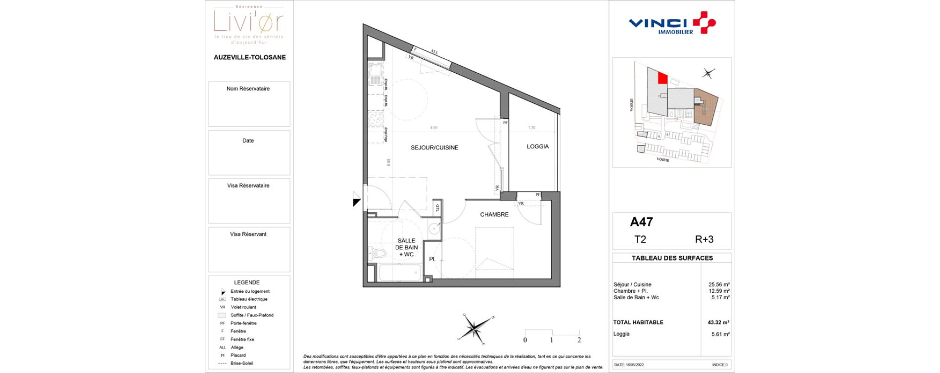 Appartement T2 de 43,32 m2 &agrave; Auzeville-Tolosane Centre