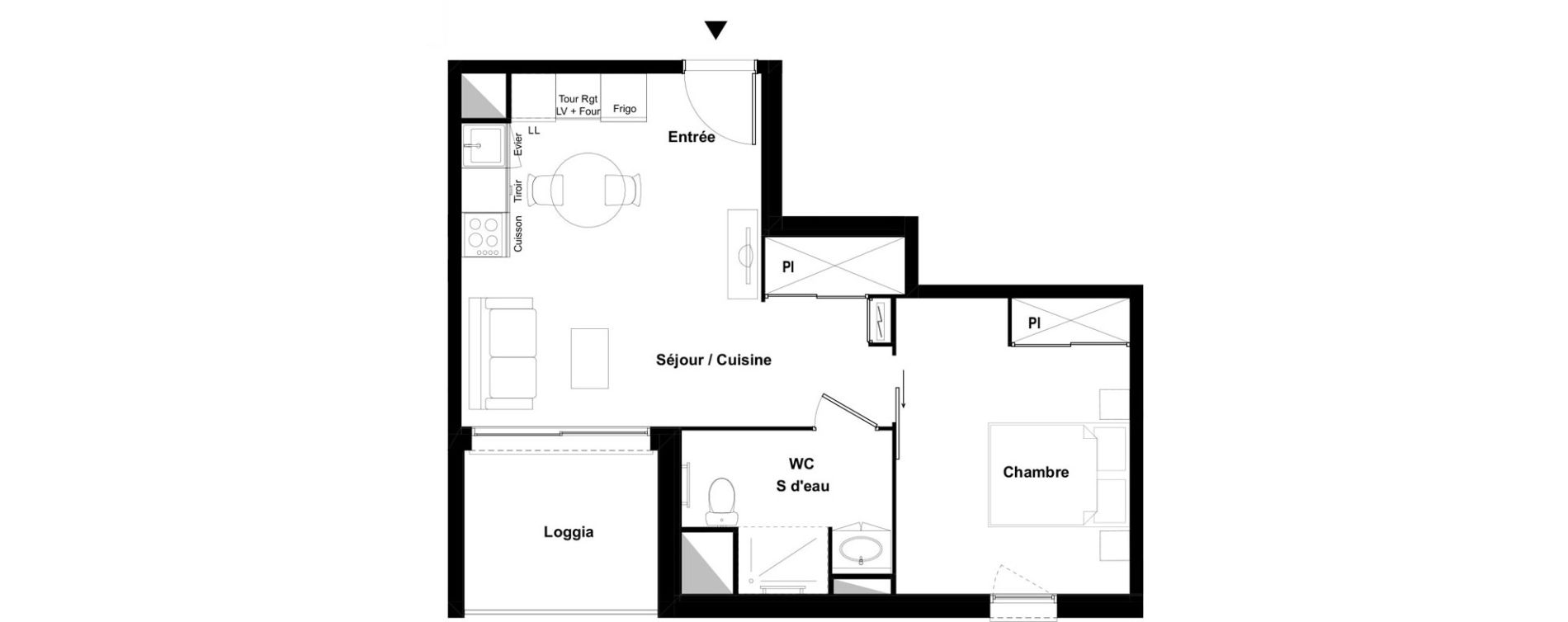 Appartement T2 meubl&eacute; de 40,79 m2 &agrave; Bazi&egrave;ge Centre